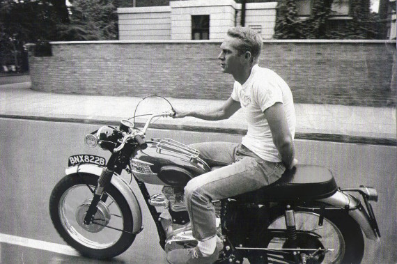 Steve McQueen, t-shirt, Triumph motorcycle.