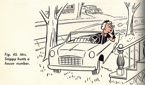Vintage old woman driving on lawn illustration.