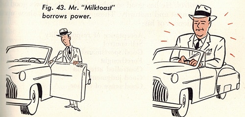 Vintage man compensates for power with car illustration.