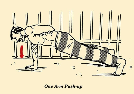 Illustration, one-arm push-up, prisoner workout, convict conditioning, body weight exercises.