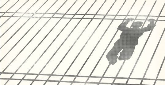 Silhouette of a man performing a prisoner workout while hanging from a wire cage.