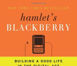 Hamlet's blackberry embracing the digital age with a smartphone, reflecting on ancient philosophers.