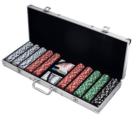 Poker set with 500 chips in aluminium carrying case.