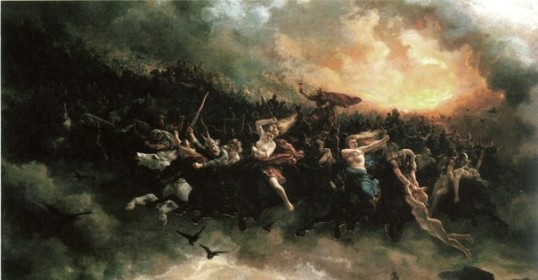 A painting of people riding horses in the sky, inspired by Viking Mythology.