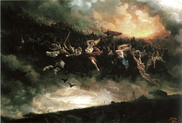 A painting of people riding horses in the sky, inspired by Viking Mythology.