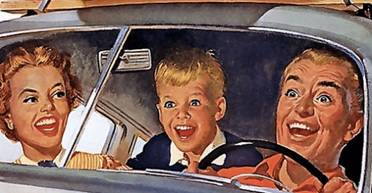 A painting of a family on a long road trip.