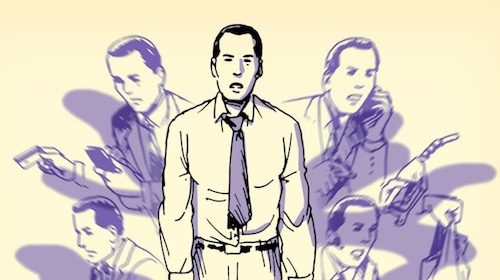 Illustration of a man standing confidently in the foreground with multiple blurred figures in business attire, symbolizing the Rise of Middle-Class Serfdom, in the background.