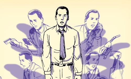 Illustration of a man standing confidently in the foreground with multiple blurred figures in business attire, symbolizing the Rise of Middle-Class Serfdom, in the background.