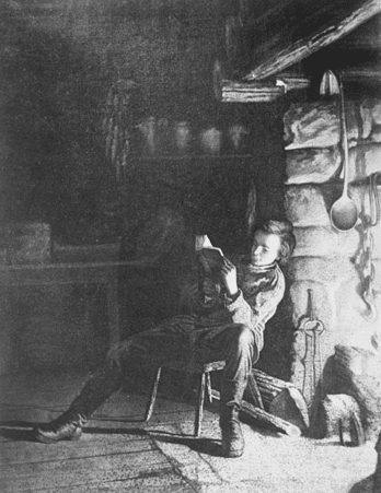 Abraham lincoln reading fire boy illustration.