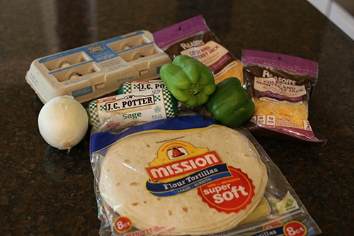 Ingredients for homemade frozen delicious breakfast burritos.