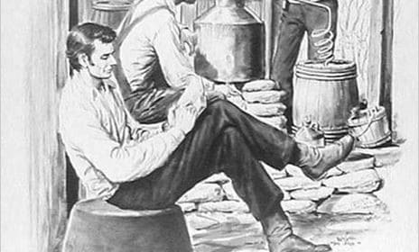 A black and white drawing of a group of famous men sitting in front of a stove.