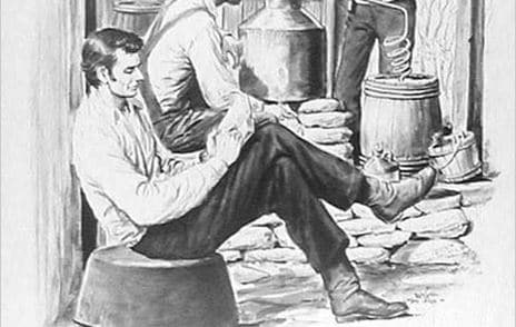 A black and white drawing of a group of famous men sitting in front of a stove.