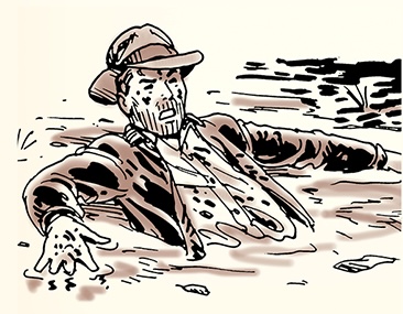 Illustration of a man in a hat crawling through quicksand, with a pained expression on his face.
