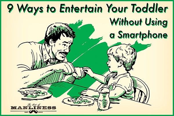 Entertaining toddler at restaurant without smartphone illustration.