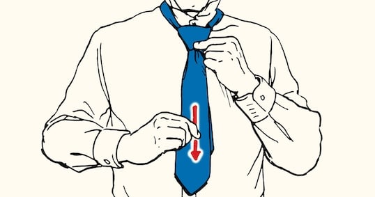 Illustration of a person mastering the Skill of the Week by adjusting a blue necktie in a Full Windsor Necktie Knot, with a downward-pointing red arrow indicating the direction to pull.