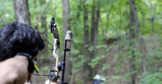 A man with a compound bow in the woods.