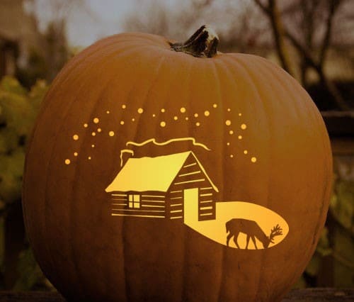 Cabin and lake pumpkin stencil manly halloween carving.
