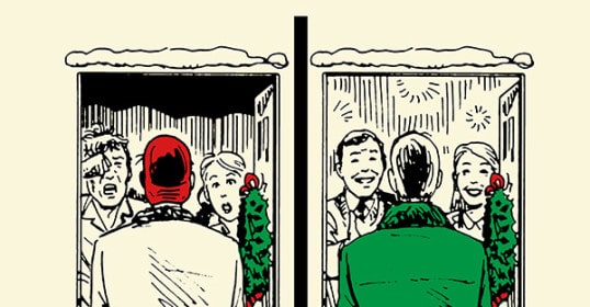 A cartoon man opening a door with a Christmas tree.