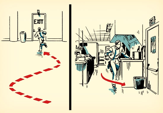 Man running for exit active shooter situation illustration.