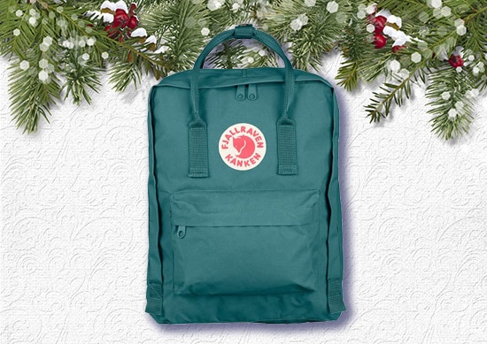 Backpack with White Christmas Background. 