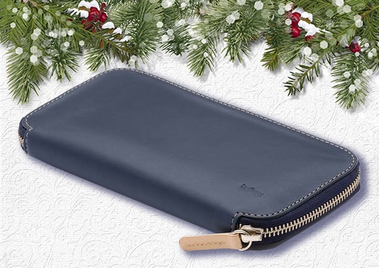 Bellroy leather and high quality zipper with Christmas Background.