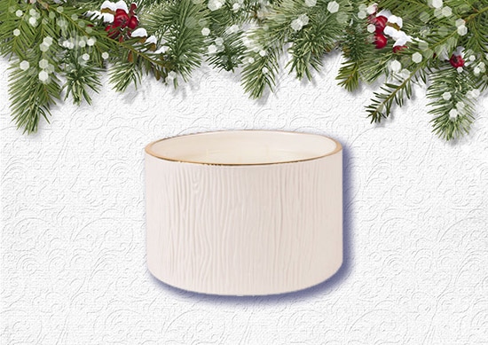 Thymes Fraser Fir Ceramic Candle with White Christmas Background.