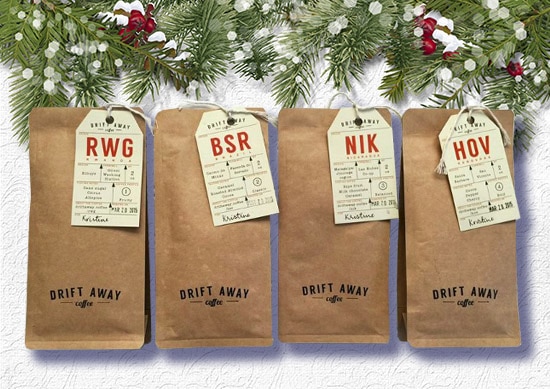 Drift away Coffee in the Bags with white Christmas Background.