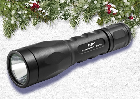 Sure Fire LED Flashlight White Christmas Background..