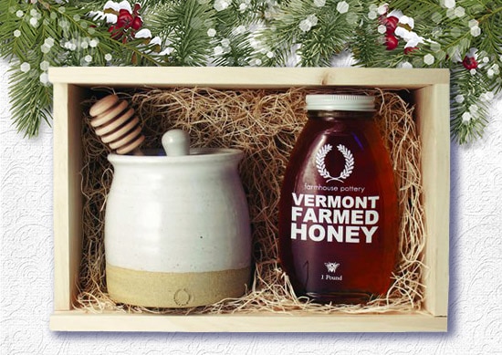 Farmhouse Pottery Honey Pot with White Christmas Background.