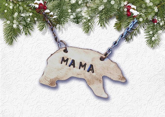 Mama Bear Necklace with white Christmas Background..