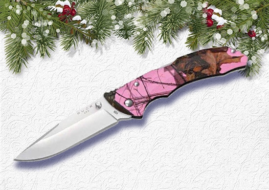 Buck Knives Bantam Folding Knife with white Christmas Background.