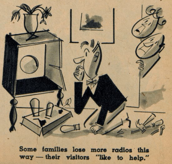 Vintage magazine illustration man fixing radio varsity mag.