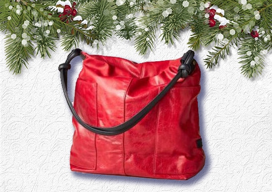 Sundance Slouch Bag with white Christmas Background.