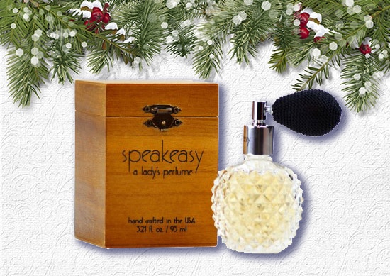 Speakeasy lady perfume with White Christmas Background.