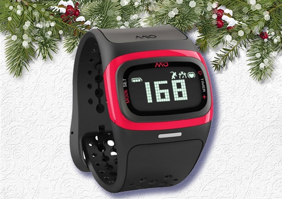 Mio ALPHA 2 Sports Watch with white Christmas Background.