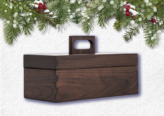 Poritz & Studio Walnut Toolbox with white Christmas Background.