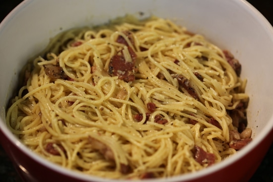 Homemade Sausage Pasta Carbonara in Bowl. 