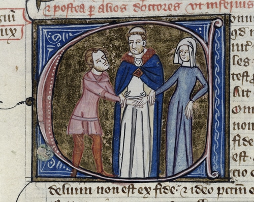 Priest making an agreement between a woman and a nun.