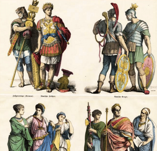 Roman dress outfits togas different classes illustration.