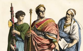 A drawing of three men in Roman attire, showcasing their cultural evolution.