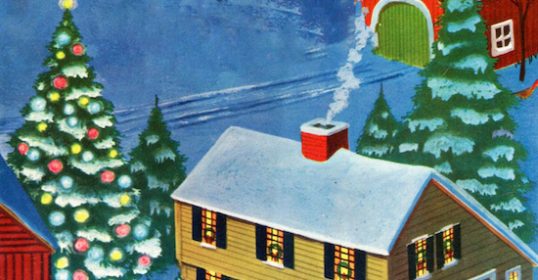 A Christmas card featuring a car in front of a house from 2015.