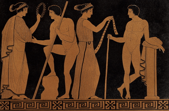 Ancient pottery engraving men talking with women.