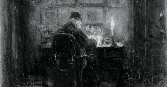 A black and white painting of a man in a dark room, captured in his nightly ritual.