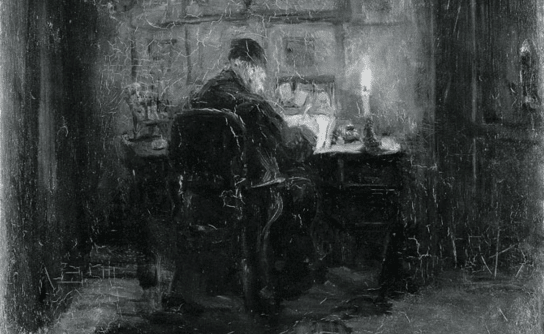 A black and white painting of a man in a dark room, captured in his nightly ritual.
