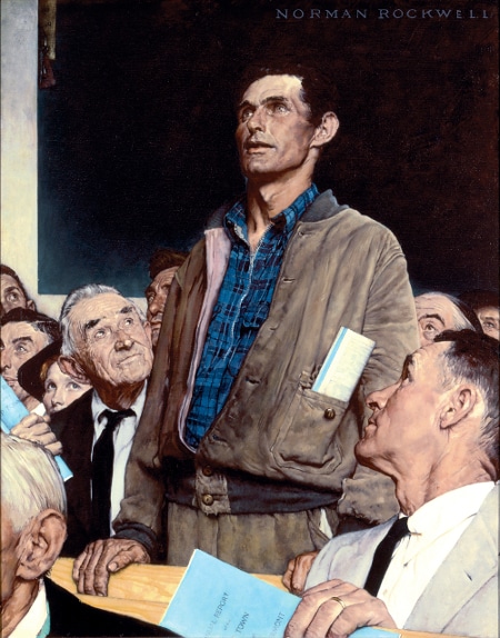 Norman Rockwell (1894-1978), "Freedom of Speech," 1943. Oil on canvas, 45 3/4" x 35 1/2". Story illustration for "The Saturday Evening Post," February 20, 1943. Norman Rockwell Museum Collections. Â©SEPS: Curtis Publishing, Indianapolis, IN.