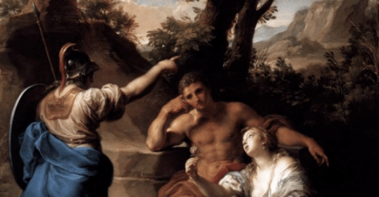 A Manvotional painting of a woman and a man in a wooded area.