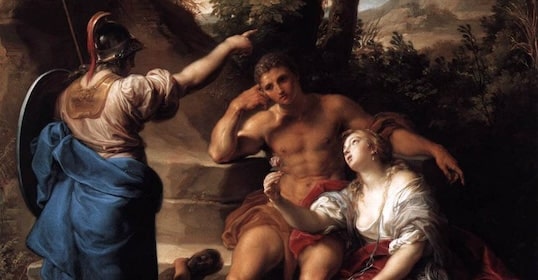 A person in armor points while standing beside a seated man and woman dressed in classical attire, evoking the Choice of Hercules, with a dog at their feet in a natural, outdoor setting.