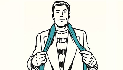 Illustration of a man adjusting his tuxedo and demonstrating scarf tying techniques.