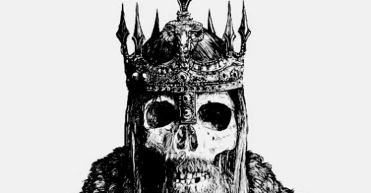 A black and white drawing of a skeleton wearing a crown, embodying wisdom.