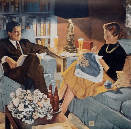 Vintage couple sitting on couch talking while doing needlework.